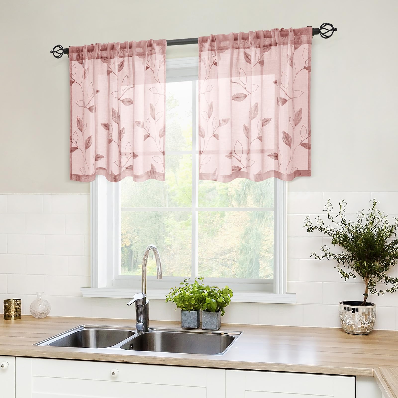 Homeideas Blush Pink Sheer Kitchen Curtains 30 X 24 Inch Length 2 Panels Embroidered Leaf Pattern Short Bathroom Window Curtains For Small Window Valance Tiers